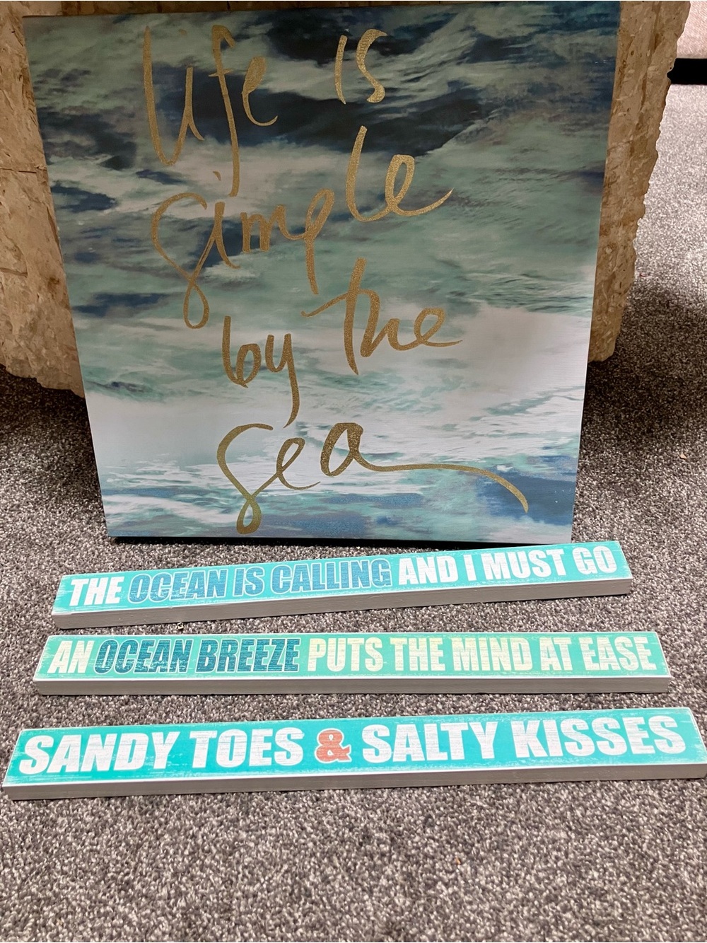 Coastal Ocean Beach Wall Art Set in Aqua Teal Gold w/ 3 Wooden Desk Plaques